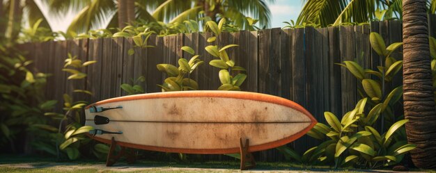 Une planche de surf usée vintage posée contre une clôture de jardin en bois dans une île tropicale Ai générative