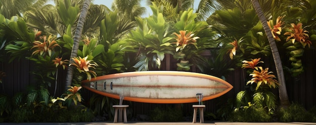 Une planche de surf vintage utilisée contre une clôture de jardin en bois sur une île tropicale