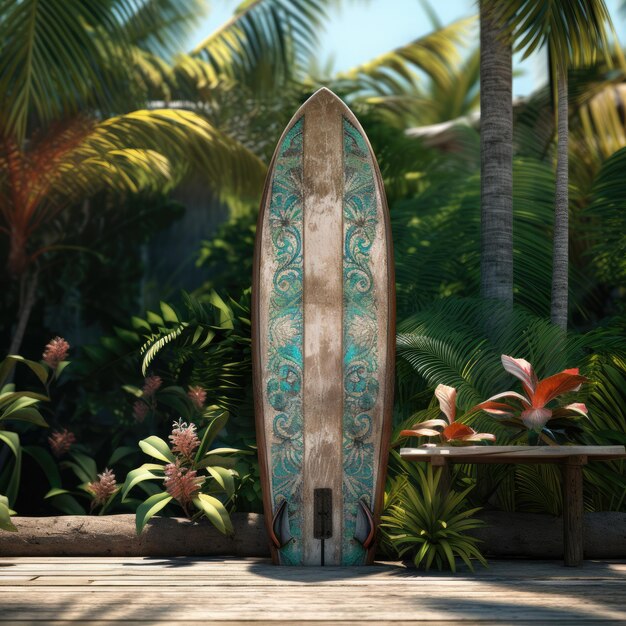 Une planche de surf vintage utilisée contre une clôture de jardin en bois sur une île tropicale