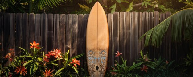 Une planche de surf vintage utilisée contre une clôture de jardin en bois sur une île tropicale