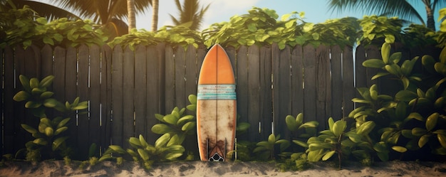 Une planche de surf vintage utilisée contre une clôture de jardin en bois sur une île tropicale