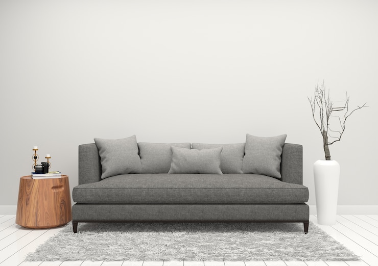 Photo plancher de bois canapé gris avec fond intérieur de vase 3d