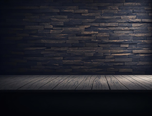 Un plancher en bois dans une pièce sombre avec un mur de briques et un plancher en bois.