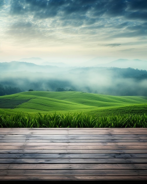 Un plancher en bois avec un fond de champ de thé vert