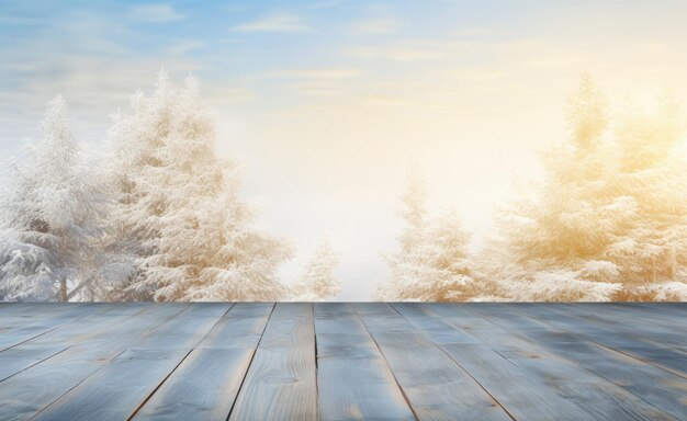 Photo plancher en bois sur le fond de la forêt d'hiver et du soleil