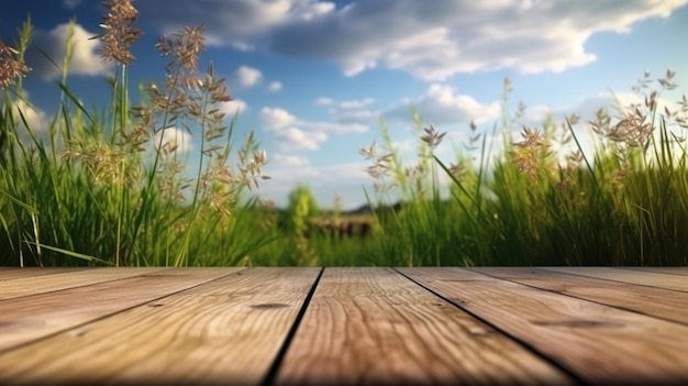 Plancher en bois avec fond de prairie contre le ciel bleu design naturel écologique