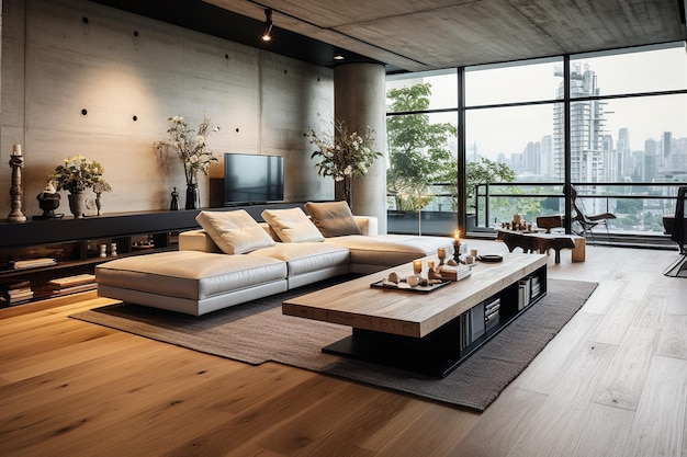 Plancher de bois naturel pour l'intérieur d'une maison moderne avec des murs en béton