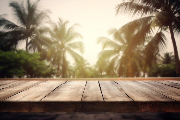 Un plancher en bois avec des palmiers en arrière-plan