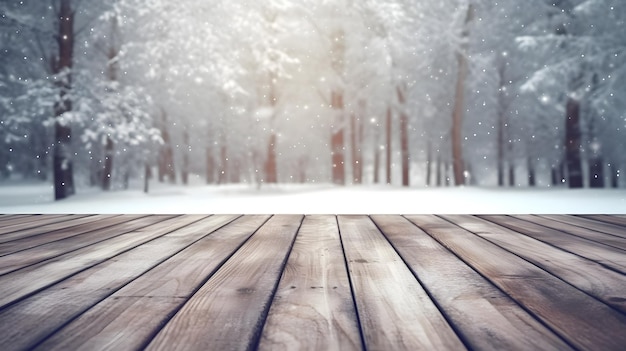 Plancher en bois sur un paysage enneigé avec des sapins et des flocons de neige