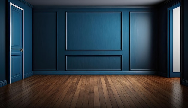 Plancher en bois et pièce vide de mur bleu foncé