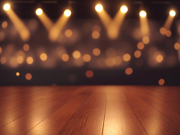 Un plancher en bois vide avec des lumières bokeh sur fond de scène générativeAI