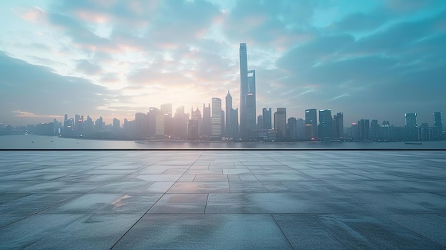 Photo plancher carré vide et horizon de la ville avec fond de bâtiment