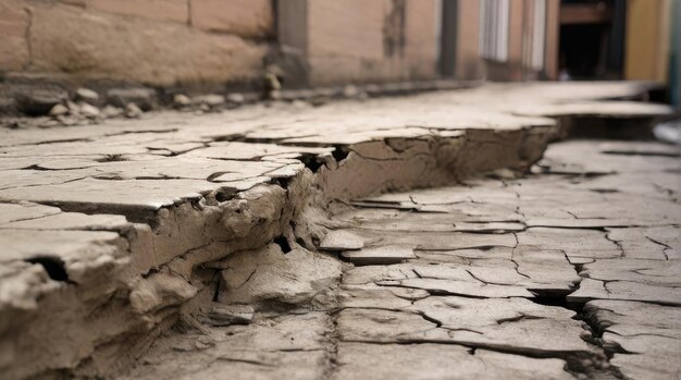 Photo un plancher fissuré avec un plancher cassé fissuré et un bâtiment en arrière-plan