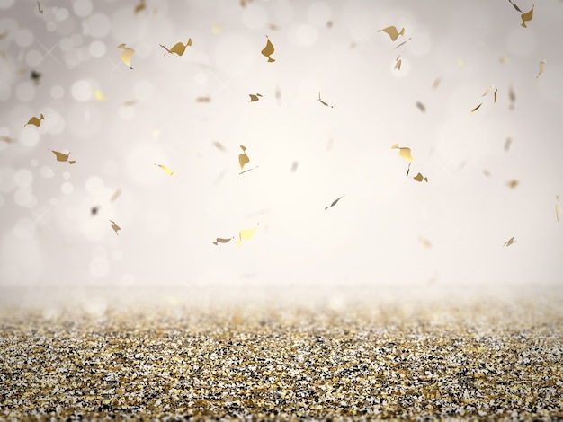 Plancher de paillettes d'or avec des confettis sur fond gris