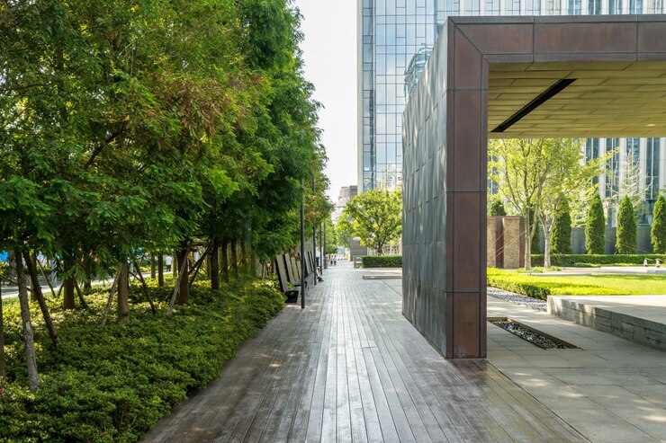 Photo planchers vides et immeubles de bureaux dans le centre financier, qingdao, chine