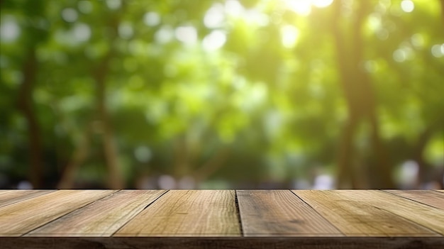 Des planches en bois avec un fond forestier flou