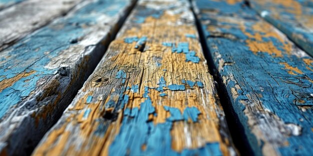 Planches de bois patinées avec peinture bleue écaillée