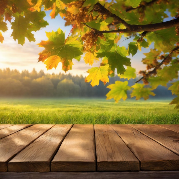 Photo des planches de bois de table vide avec une prairie verte et une forêt en arrière-plan