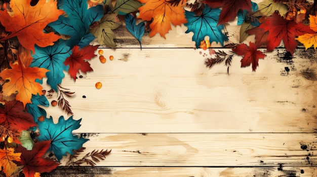 Des planches de bois vintage avec des feuilles d'érable design d'arrière-plan abstrait thème rétro