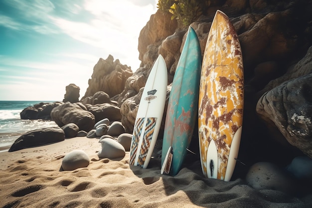 Planches de surf sur une plage avec l'océan en arrière-plan