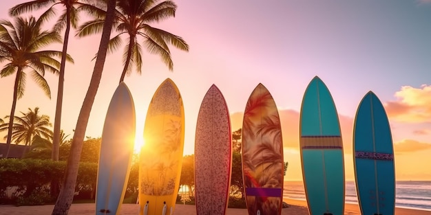 les planches de surf s'appuient sur le palmier sur la plage paradisiaque au beau coucher du soleil avec du bleu et de la m