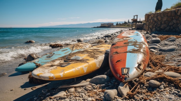 Des planches de surf usagées sur la plage