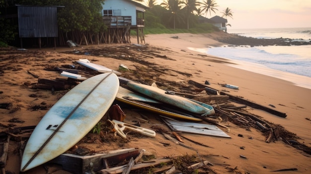 Des planches de surf usagées sur la plage