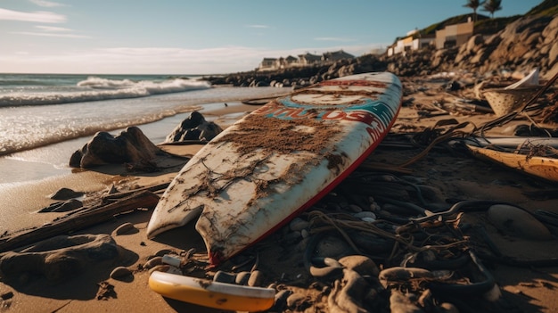 Des planches de surf usagées sur la plage