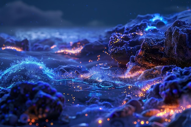Le plancton bioluminescent éclaire une mer nocturne