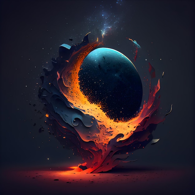 Planète abstraite avec feu et fumée sur fond sombre illustration