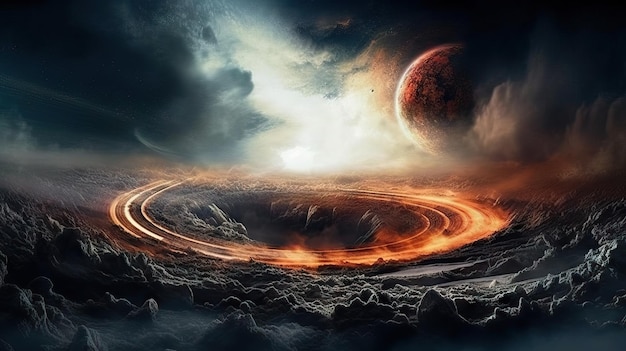 Une planète ardente avec de la fumée et des flammes tourbillonnant autour d'elle scène cinématographique de science-fiction