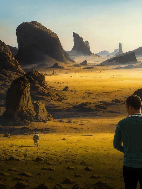 une planète dans l'espace avec des rochers, un désert avec des plaines mixtes et un horizon cinématographique avec peu d'humains