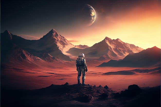 Planète déserte dans un monde extraterrestre astronaute génératif AI Lone man