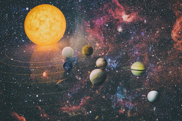 Planète du système solaire, comète, soleil et étoile. Soleil, mercure, Vénus, planète Terre, Mars, Jupiter, Saturne, Uranus, Neptune. Éléments de cette image fournis par la NASA.