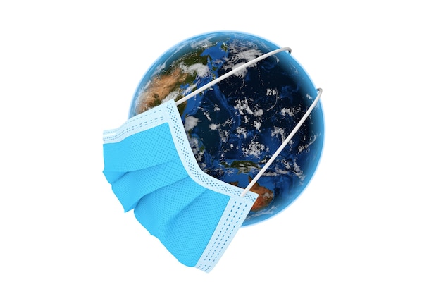 Planete Earth World Globe en masque de protection médicale pour la prévention du coronavirus COVID-19 sur fond blanc. Éléments de cette image fournis par la NASA. Rendu 3D