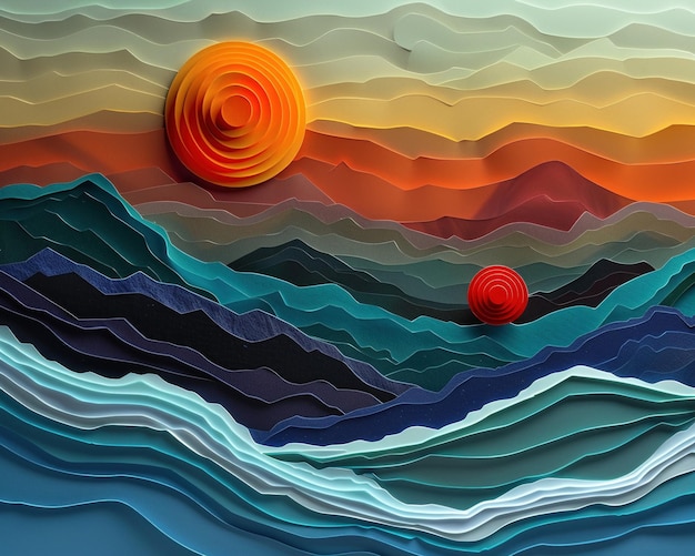 Planète extraterrestre coupé en papier 3D exploration spatiale paysage texturé horizon de soleils jumeaux
