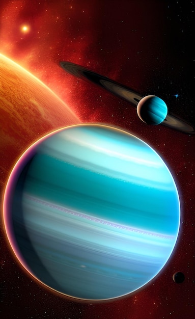 Une planète avec un fond rouge et une planète bleue entourée d'un anneau noir.