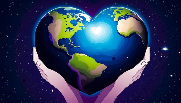 Une planète en forme de cœur Un cœur tenu par deux mains Jour de l'amour mondial Jour de la Terre