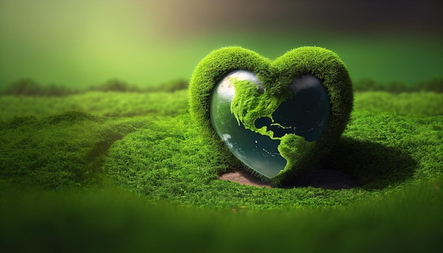 Planète en forme de coeur sur une pelouse verte pour le jour de la terre