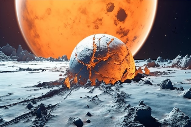 une planète avec un grand objet orange en arrière-plan