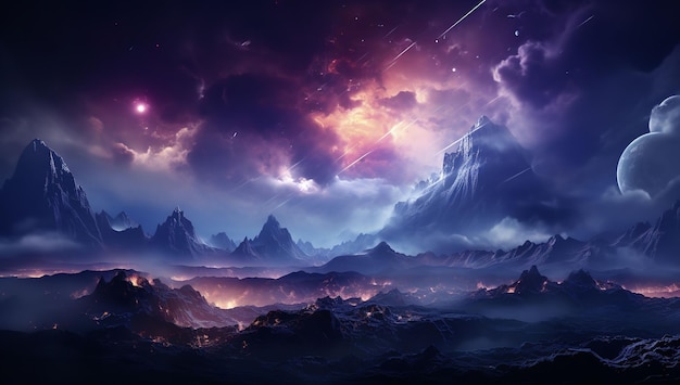 Une planète lointaine avec des montagnes, des nuages et des étoiles évoquant un sentiment d'émerveillement et d'exploration.