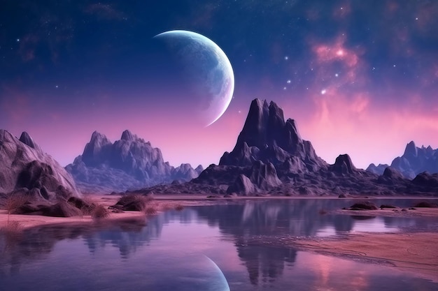 Une planète avec une lune et des montagnes en arrière-plan