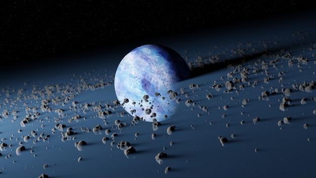 La planète Pandora entourée d'anneaux de ceinture d'astéroïdes épave de la planète détruite protoplanète bleue dans l'espace cosmos noir de l'univers rendu 3d