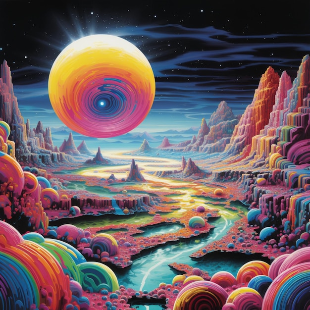 Planète psychédélique paysage surréaliste peinture à l'eau art généré par Ai