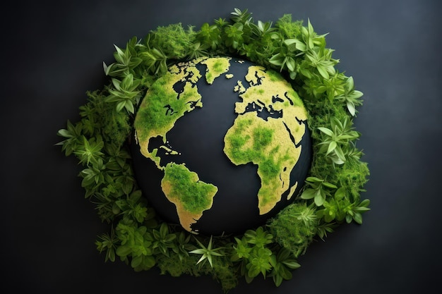 Planète respectueuse de l'environnement Concept Jour de la Terre Planète Terre faite de feuilles vertes et d'herbe avec un croquis du globe Jour de la terre Sauvez la planète Pensez vert