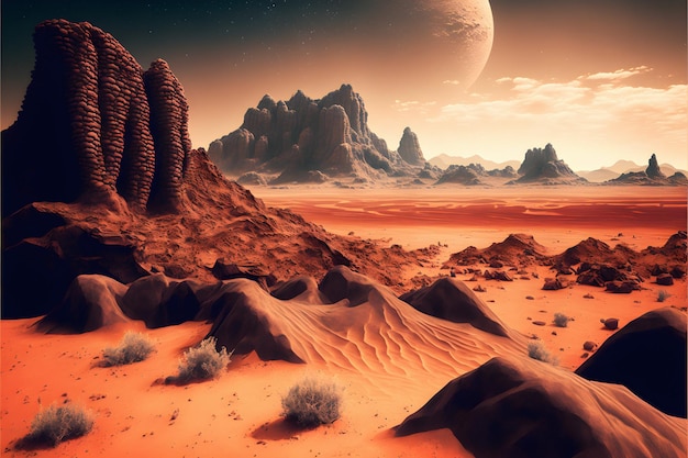 Planète rouge avec un paysage aride, des collines et des montagnes rocheuses, et une lune géante semblable à Mars à l'horizon