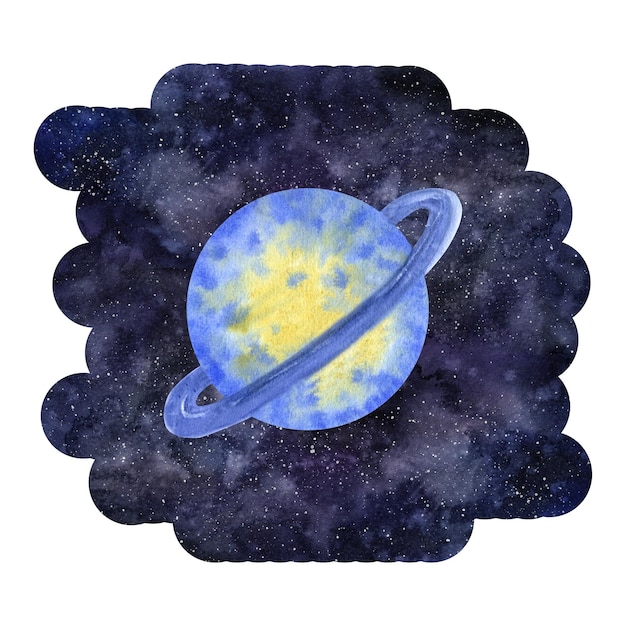 La planète Saturne dans le système solaire avec un anneau autour de Cosmos clipart spatial Illustration à l'aquarelle dessinée à la main isolée sur un fond de ciel sombre Elément de conception Logo d'affiche de carte postale
