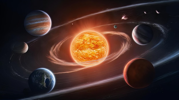 une planète avec le soleil et les planètes en arrière-plan