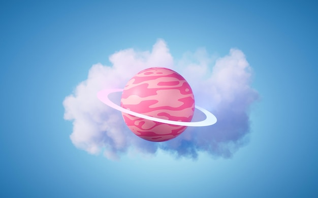 Planète de style dessin animé et fond de nuage rendu 3d