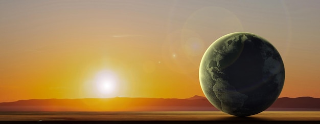 Planète Terre au coucher du soleil paysage arrière-plan bannière copie espace illustration 3d